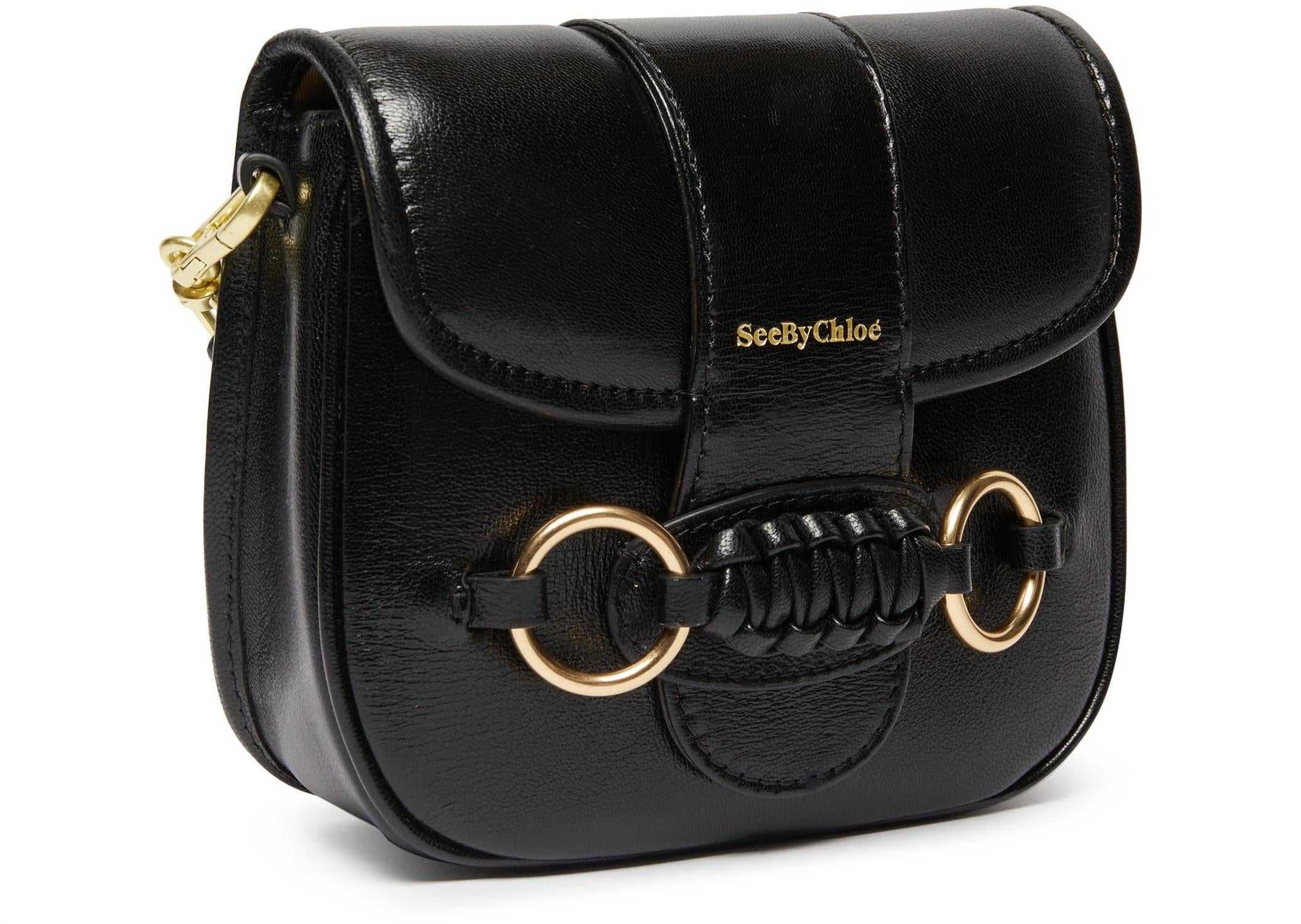 2244.0, Saddie Gold Tone Logo Foldover Top Leather Shoulder Handbag In Black