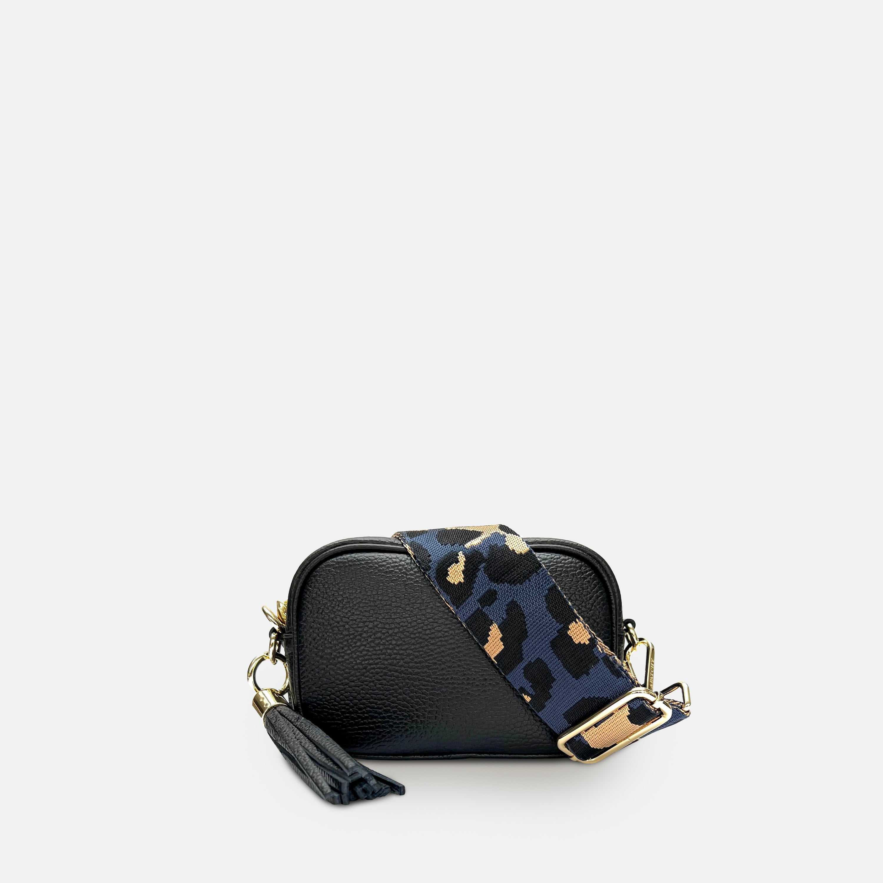 2581.0, The Mini Tassel Black Leather Phone Bag With Navy Leopard Strap